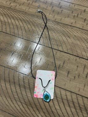 Blue Teardrop Flower Pendant Necklace on Black Cord